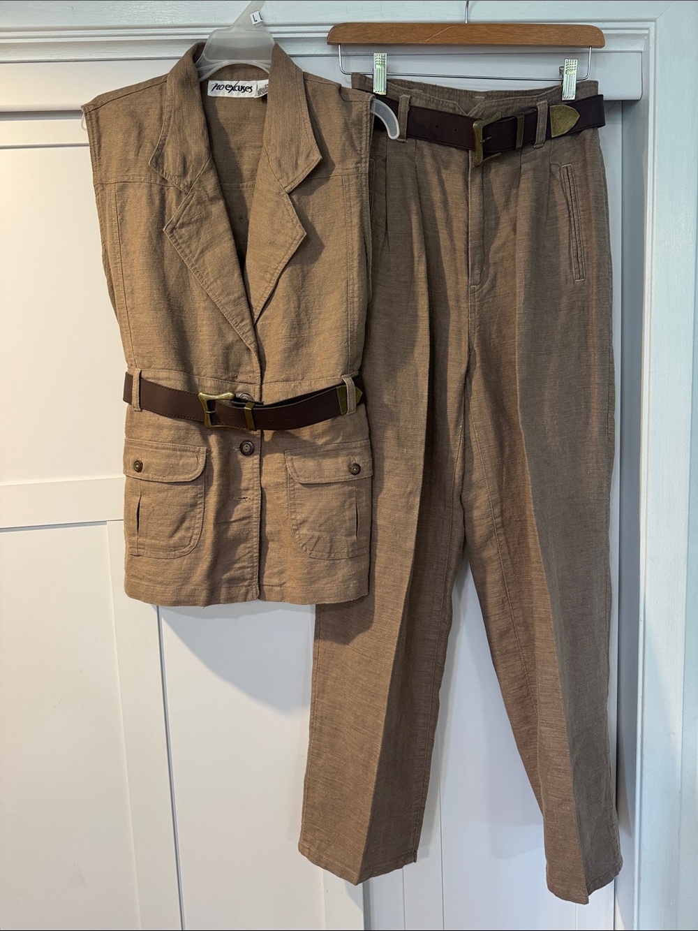Vintage Tan Linen like cotton Blend Utility Vest & Pants Set